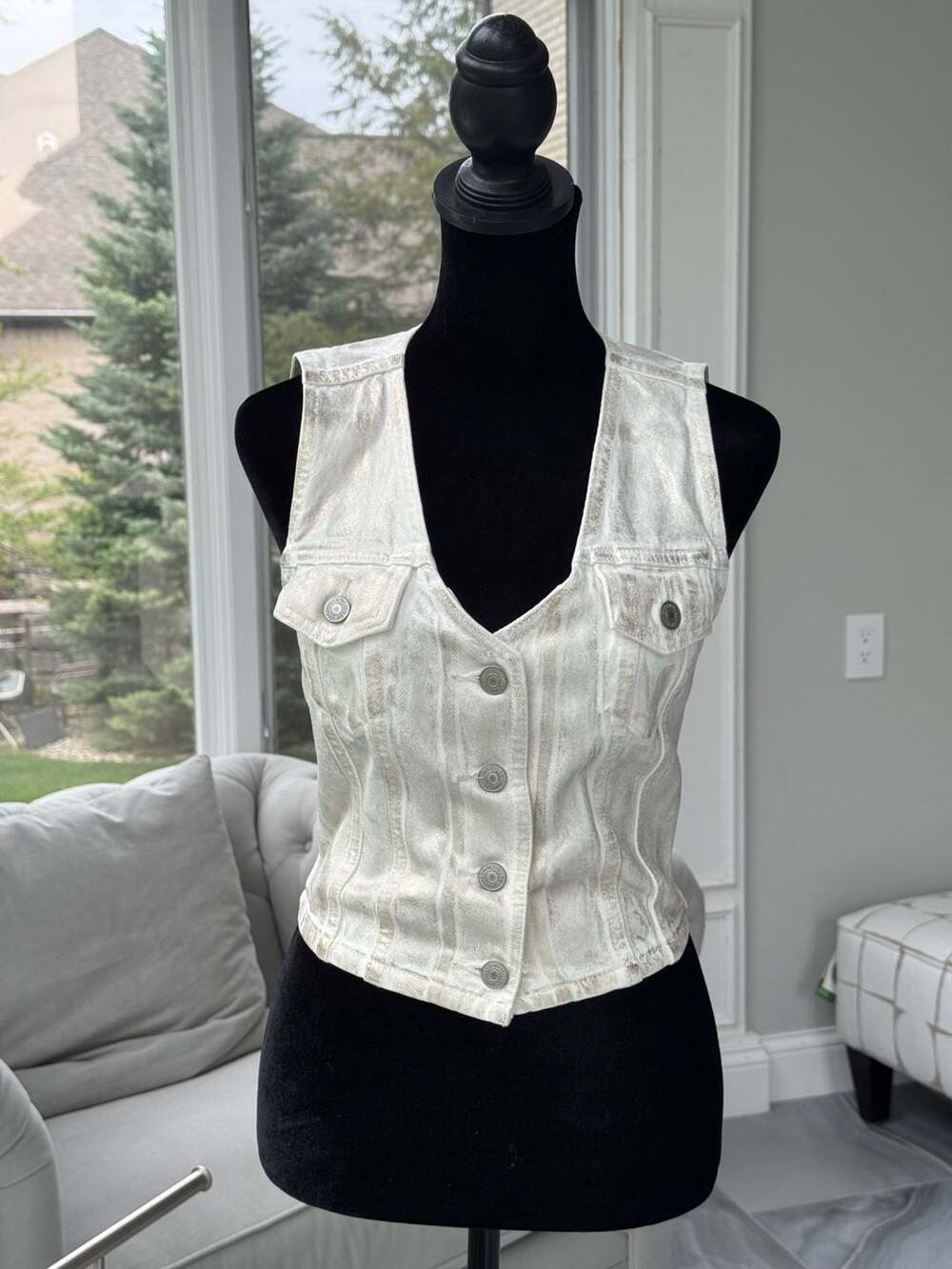 Levi's Slim Cropped White Gold Metallic Denim Vest Top Size XS